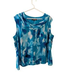 Evan Picone Woman Blue Abstract Watercolor Chiffon Cowl Neck Blouse 18W